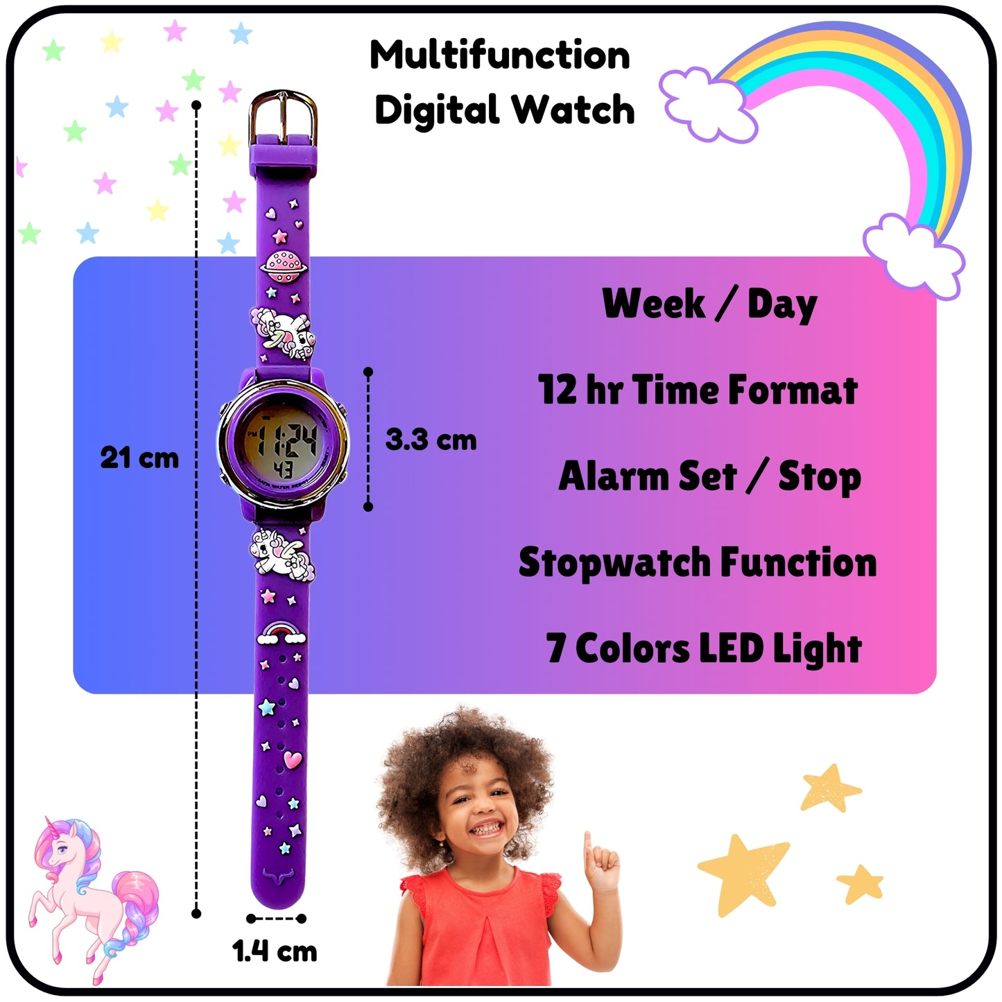 Hooper Unicorn Watches for Girls – 3D Cute LED 7 Colors Multifunction Digital Waterproof Watch for Kids 5-10 Years, Unbreakable Silicone Strap