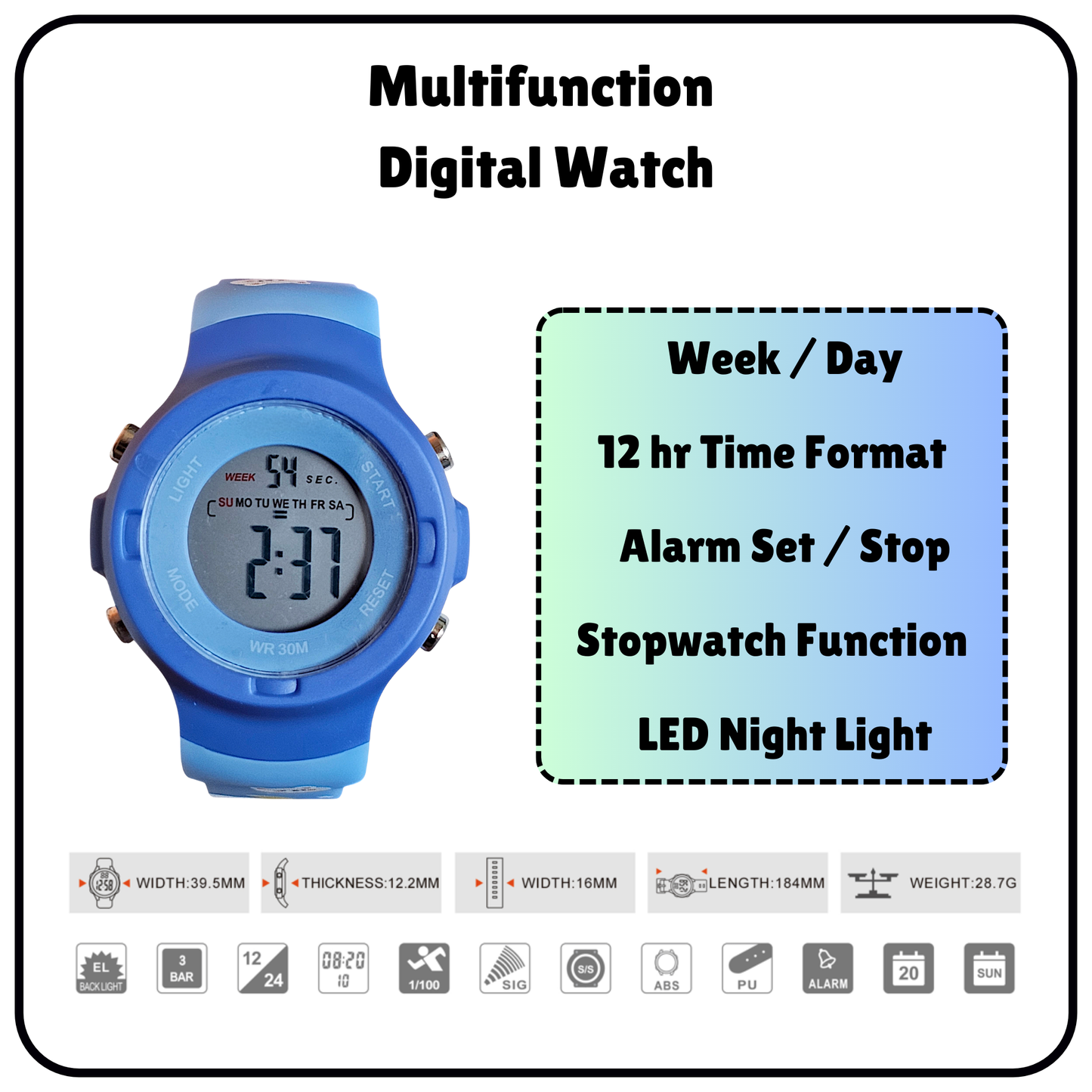 Hooper Kids Digital Sports LED Wrist Watch Boys Girls 5-12 Years Waterproof Multifunction Alarm Stopwatch Backlight Durable Strap Outdoor Casual Wear