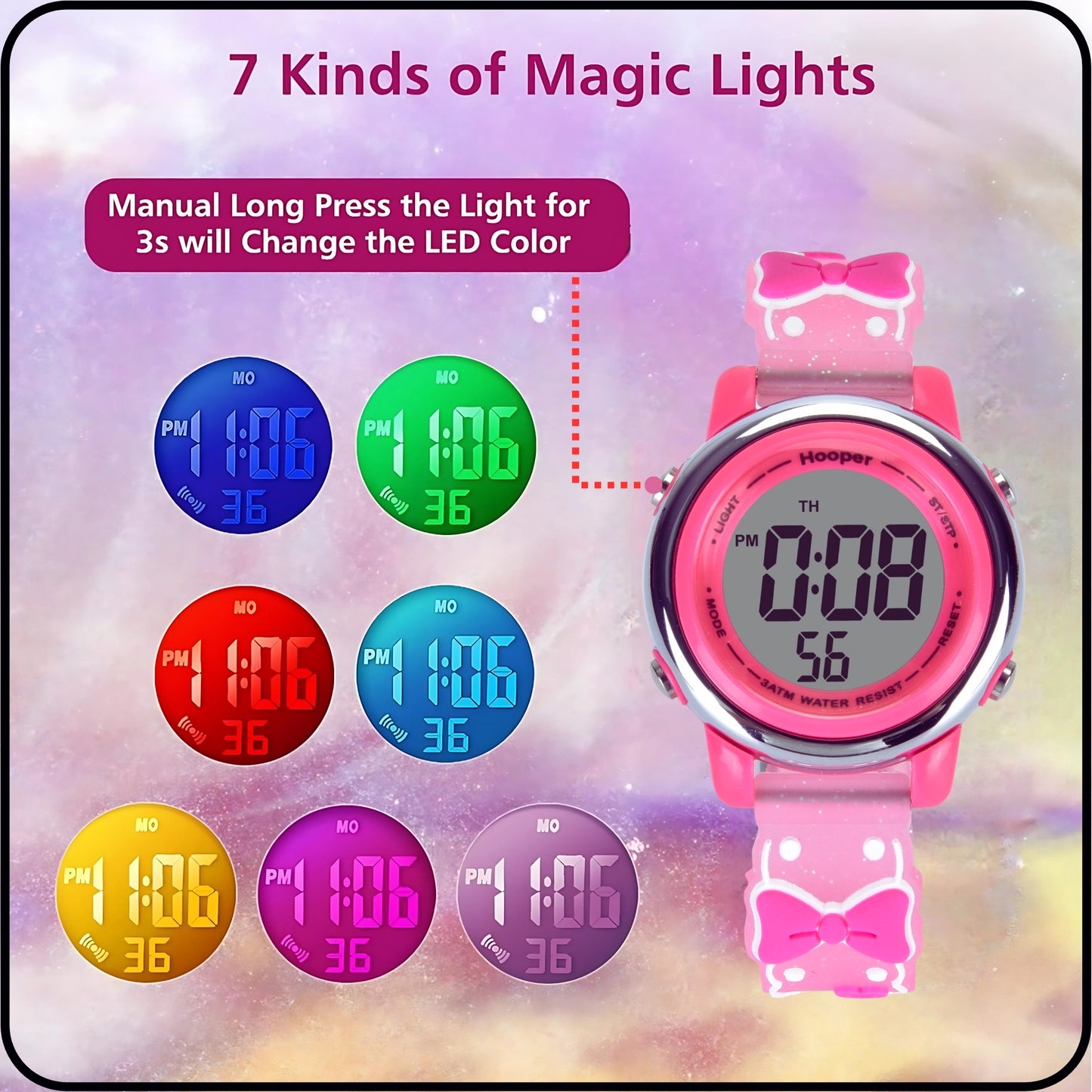 Hooper Premium Watches for Girls – 3D Cute LED 7 Colors Multifunction Digital Waterproof Watch for Kids 5-10 Years, Unbreakable Silicone Strap ( BOWTIE )
