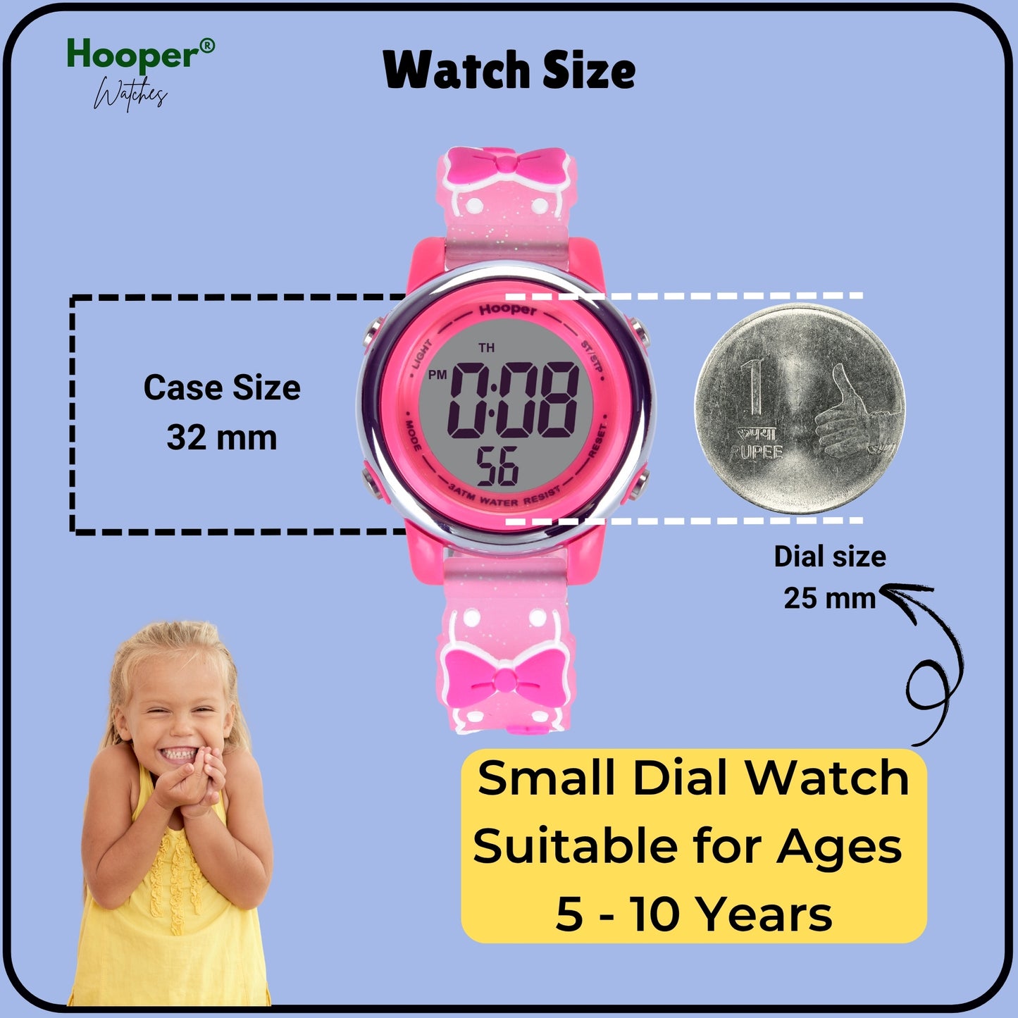 Hooper Premium Watches for Girls – 3D Cute LED 7 Colors Multifunction Digital Waterproof Watch for Kids 5-10 Years, Unbreakable Silicone Strap ( BOWTIE )