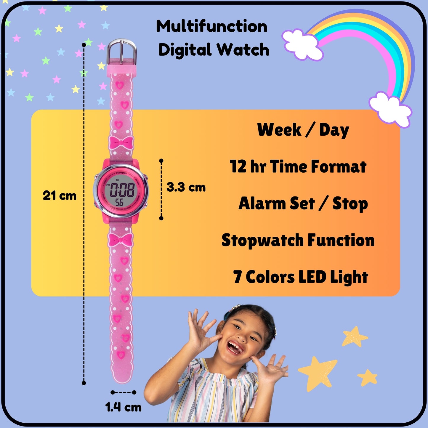 Hooper Premium Watches for Girls – 3D Cute LED 7 Colors Multifunction Digital Waterproof Watch for Kids 5-10 Years, Unbreakable Silicone Strap ( BOWTIE )