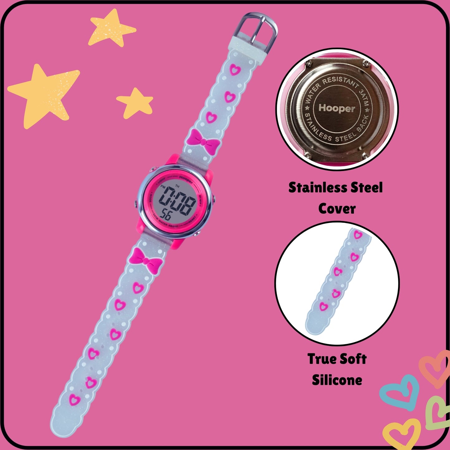 Hooper Premium Watches for Girls – 3D Cute LED 7 Colors Multifunction Digital Waterproof Watch for Kids 5-10 Years, Unbreakable Silicone Strap ( BOWTIE )