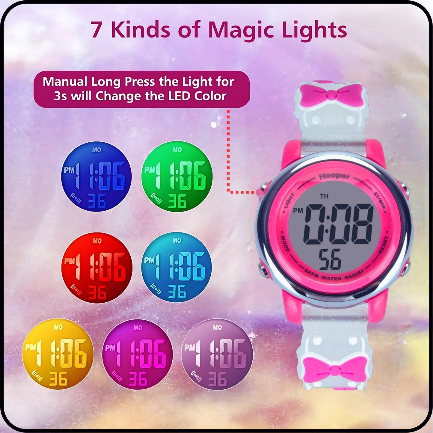 Hooper Premium Watches for Girls – 3D Cute LED 7 Colors Multifunction Digital Waterproof Watch for Kids 5-10 Years, Unbreakable Silicone Strap ( BOWTIE )