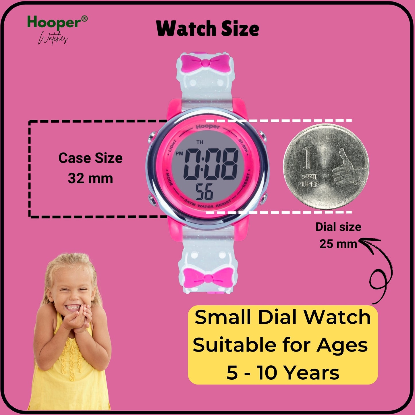 Hooper Premium Watches for Girls – 3D Cute LED 7 Colors Multifunction Digital Waterproof Watch for Kids 5-10 Years, Unbreakable Silicone Strap ( BOWTIE )