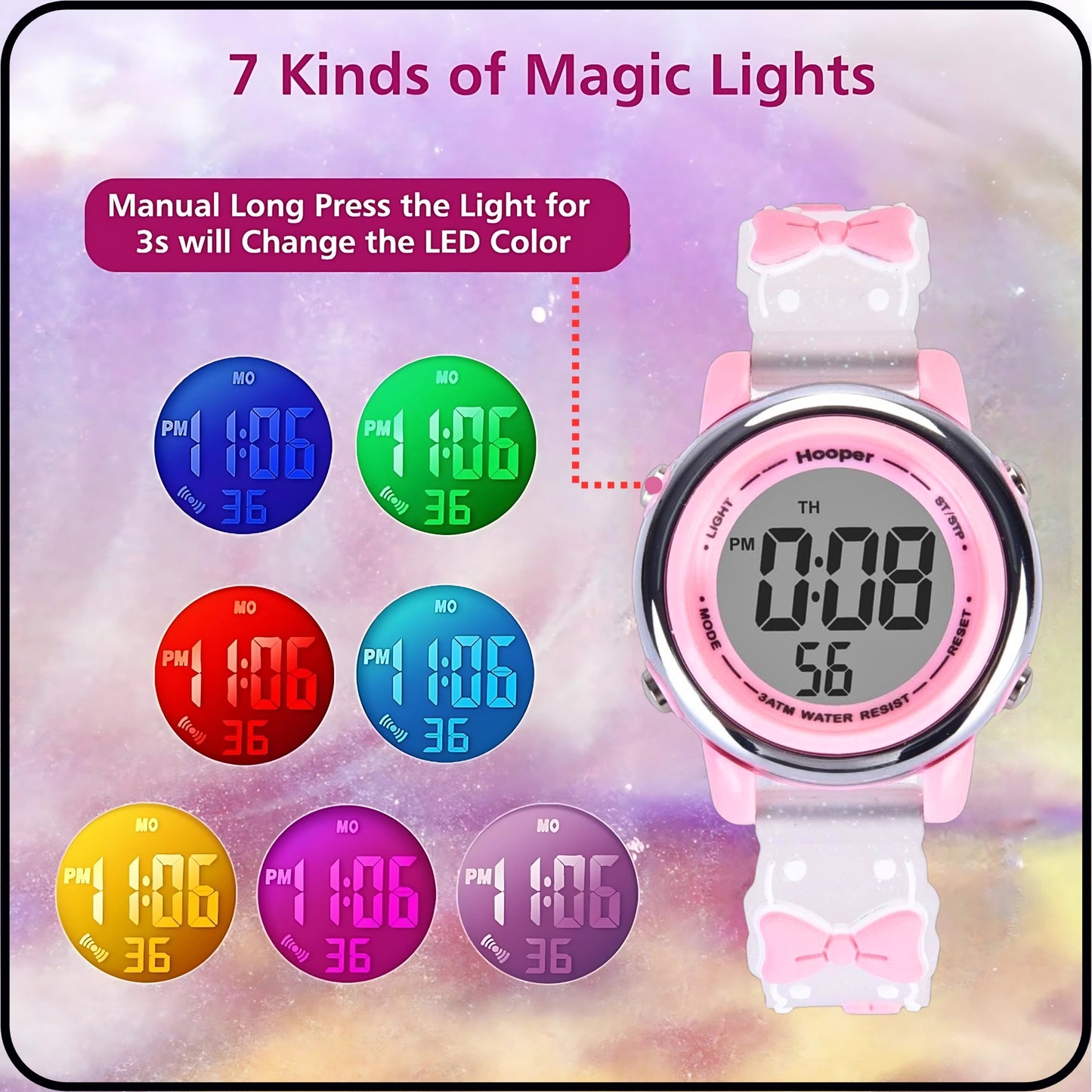Hooper Premium Watches for Girls – 3D Cute LED 7 Colors Multifunction Digital Waterproof Watch for Kids 5-10 Years, Unbreakable Silicone Strap ( BOWTIE )