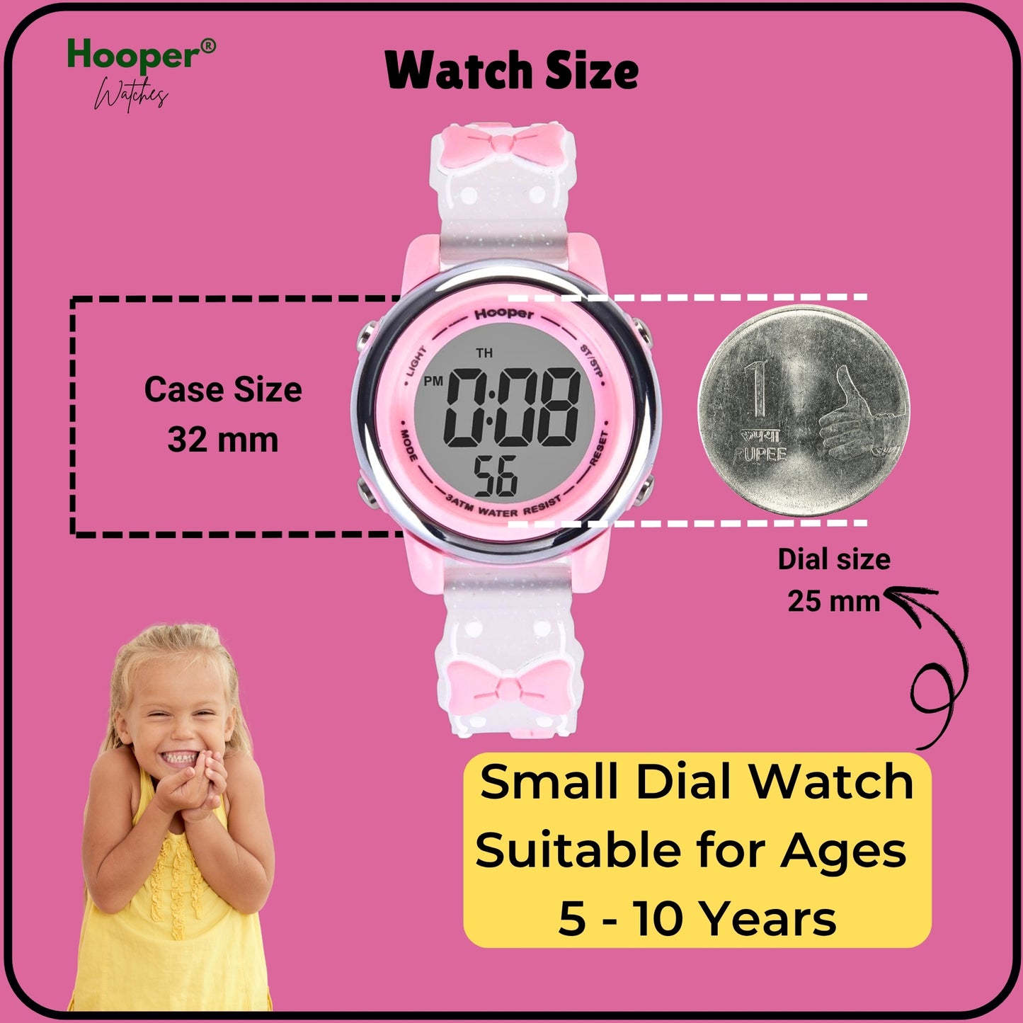 Hooper Premium Watches for Girls – 3D Cute LED 7 Colors Multifunction Digital Waterproof Watch for Kids 5-10 Years, Unbreakable Silicone Strap ( BOWTIE )
