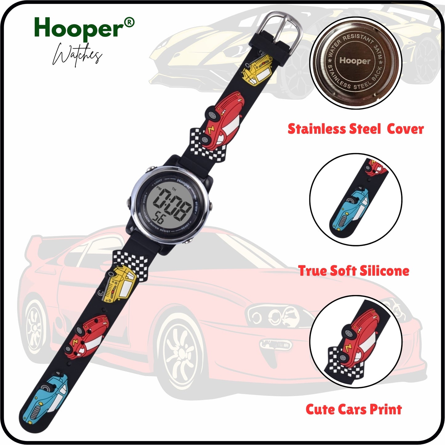 Hooper Premium Watches for Boys – 3D Cute LED 7 Colors Multifunction Digital Waterproof Watch for Kids 5-10 Years, Unbreakable Silicone Strap ( CAR )