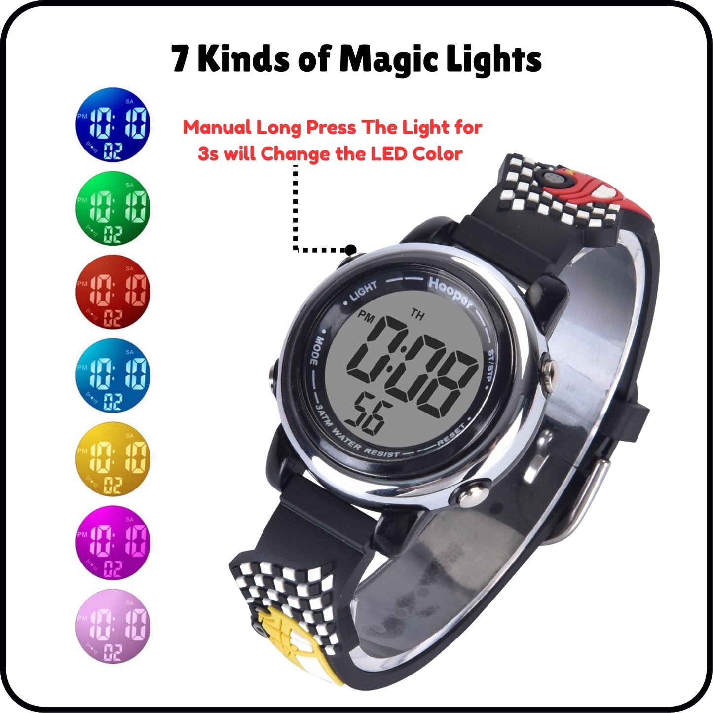 Hooper Premium Watches for Boys – 3D Cute LED 7 Colors Multifunction Digital Waterproof Watch for Kids 5-10 Years, Unbreakable Silicone Strap ( CAR )