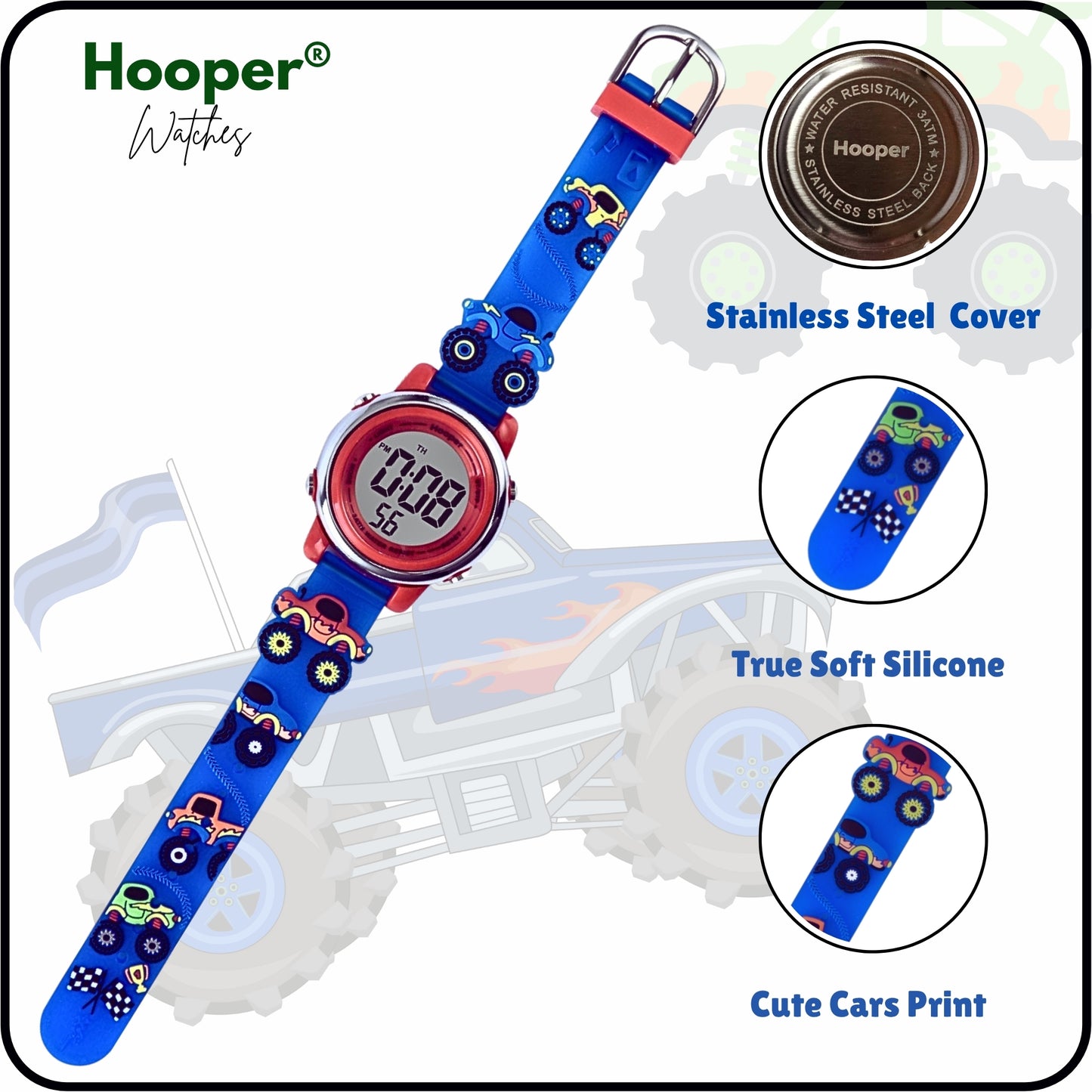 Hooper Premium Watches for Boys – 3D Cute LED 7 Colors Multifunction Digital Waterproof Watch for Kids 5-10 Years, Unbreakable Silicone Strap ( CAR )