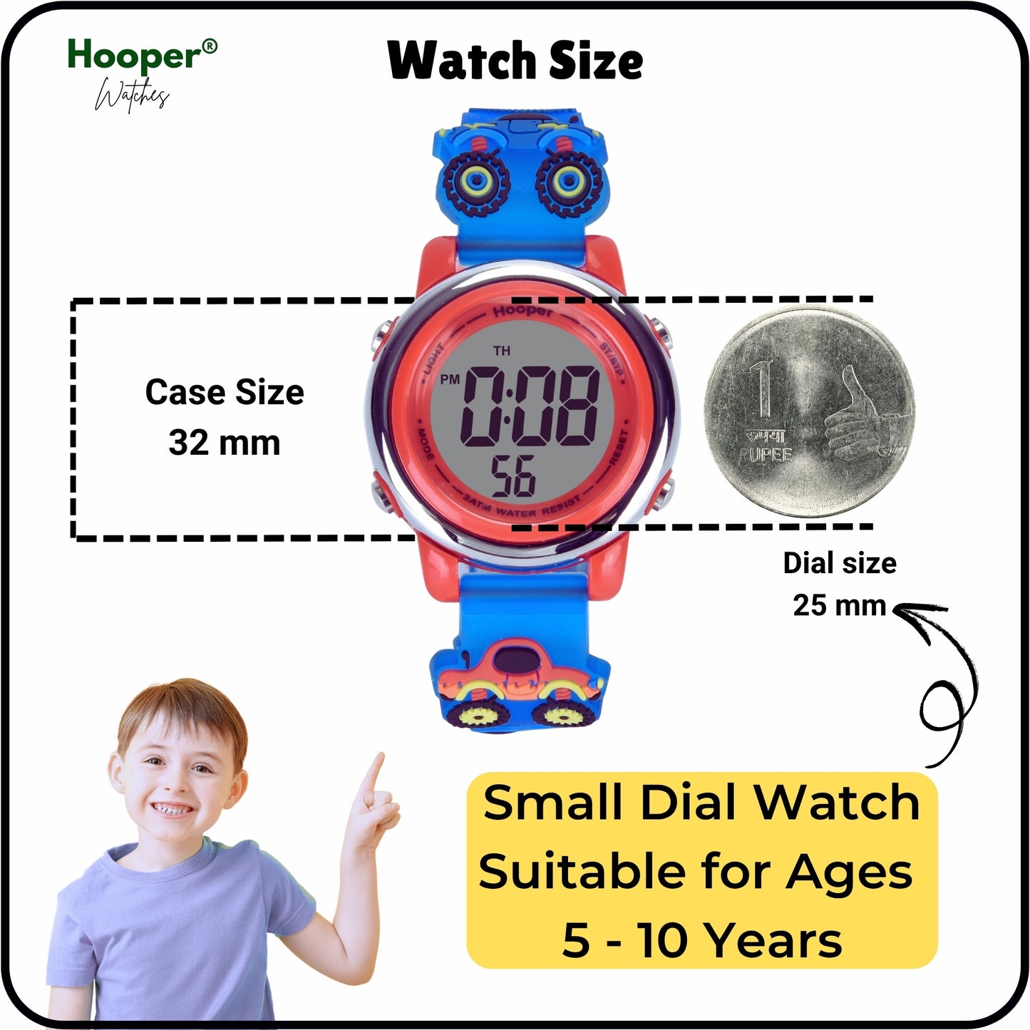 Hooper Premium Watches for Boys – 3D Cute LED 7 Colors Multifunction Digital Waterproof Watch for Kids 5-10 Years, Unbreakable Silicone Strap ( CAR )