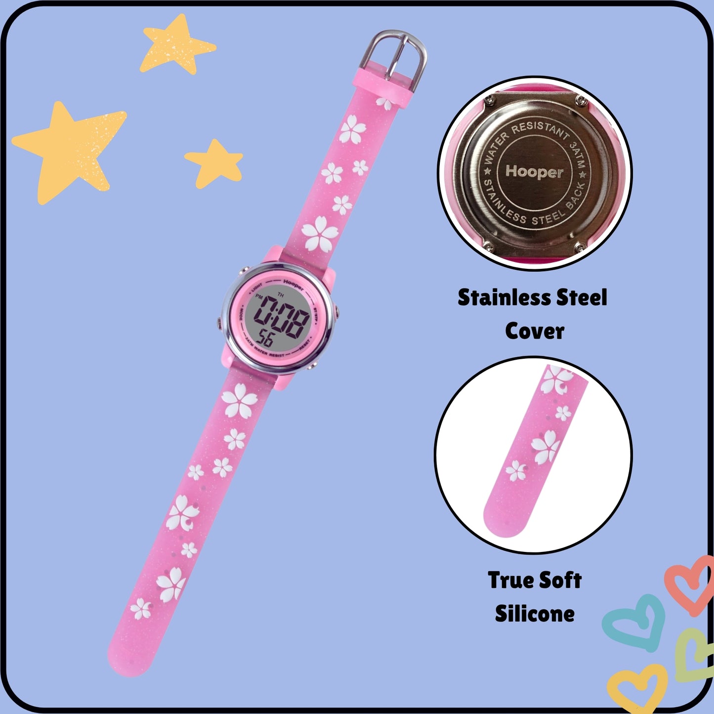 Hooper Premium Watches for Girls – 3D Cute LED 7 Colors Multifunction Digital Waterproof Watch for Kids 5-10 Years, Unbreakable Silicone Strap (CHERRY )