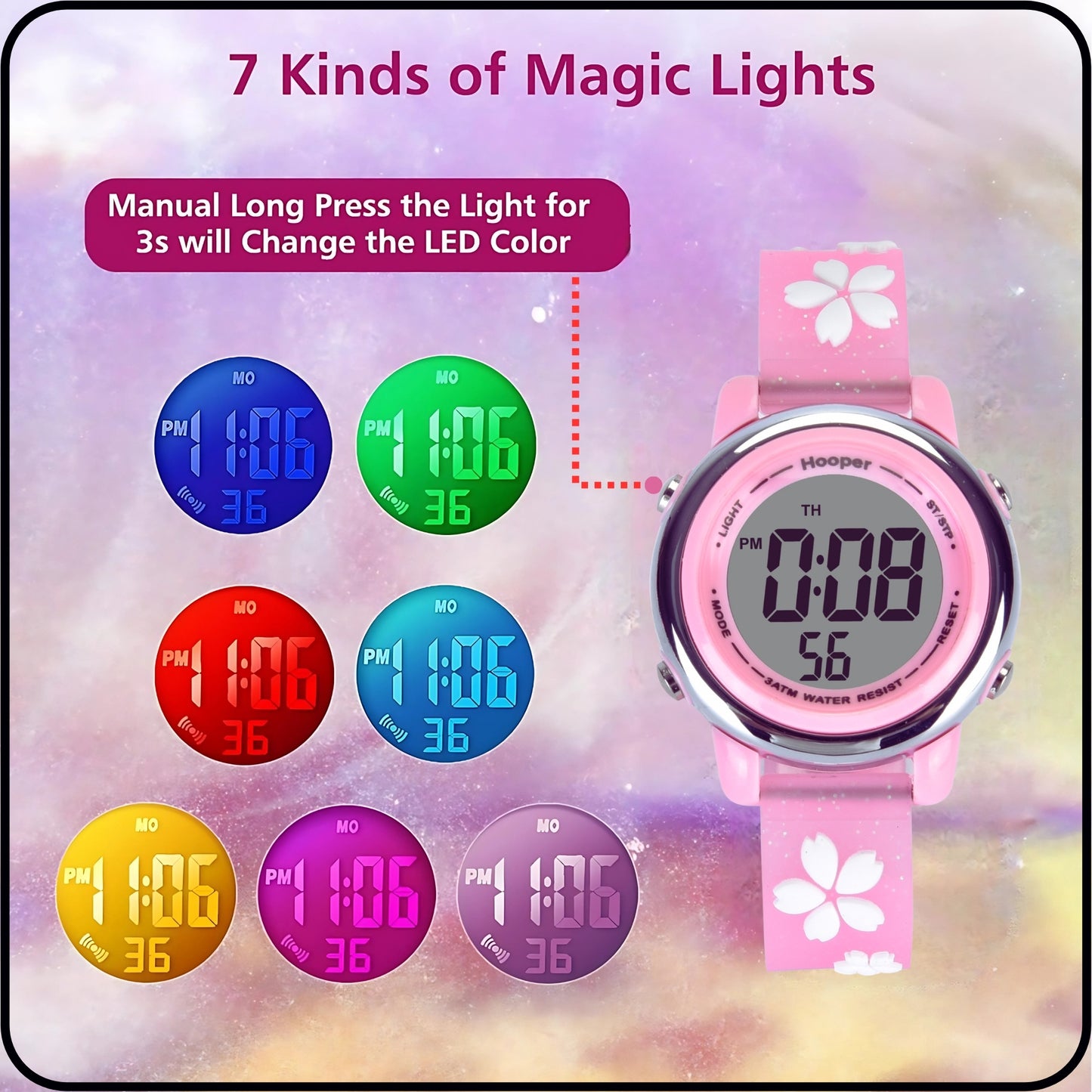 Hooper Premium Watches for Girls – 3D Cute LED 7 Colors Multifunction Digital Waterproof Watch for Kids 5-10 Years, Unbreakable Silicone Strap (CHERRY )