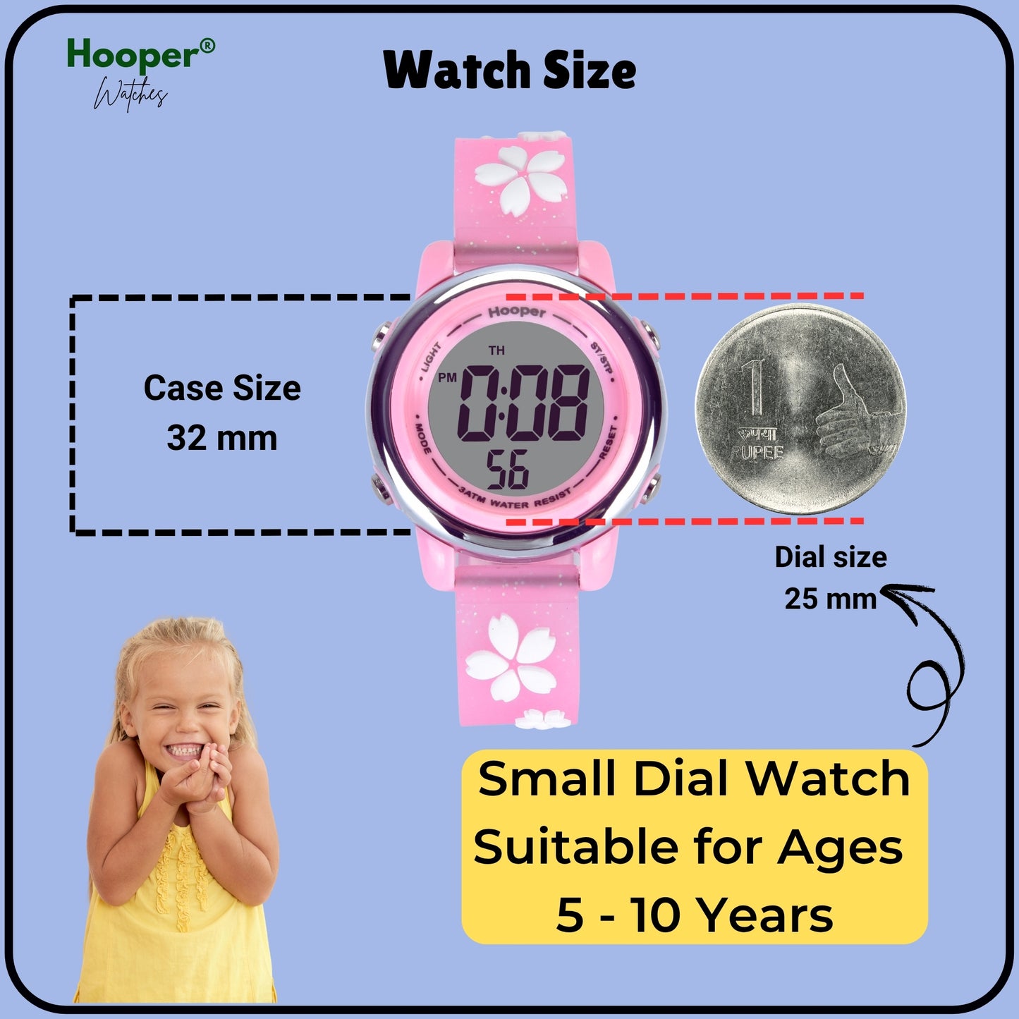 Hooper Premium Watches for Girls – 3D Cute LED 7 Colors Multifunction Digital Waterproof Watch for Kids 5-10 Years, Unbreakable Silicone Strap (CHERRY )