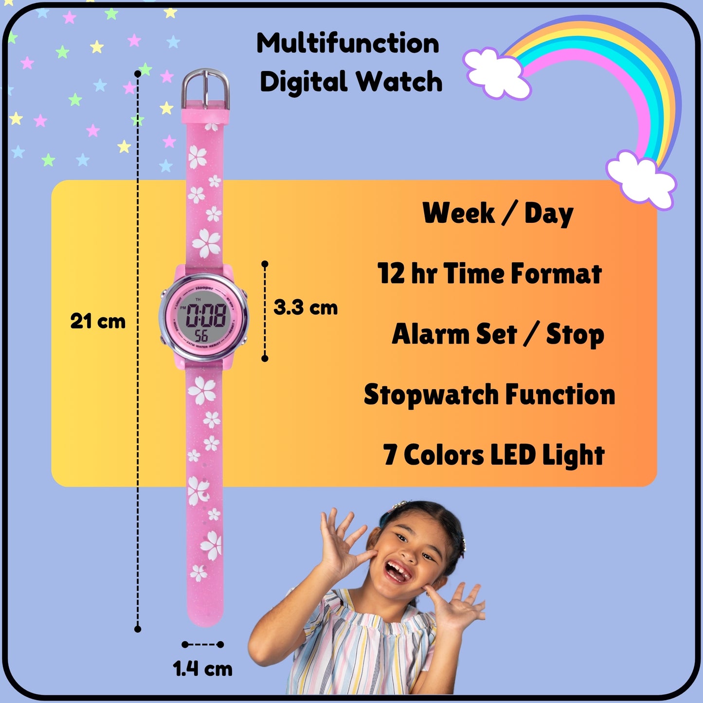 Hooper Premium Watches for Girls – 3D Cute LED 7 Colors Multifunction Digital Waterproof Watch for Kids 5-10 Years, Unbreakable Silicone Strap (CHERRY )