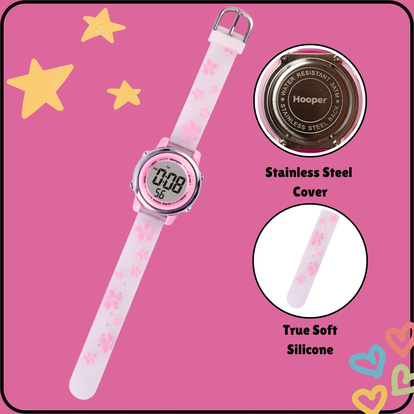 Hooper Premium Watches for Girls – 3D Cute LED 7 Colors Multifunction Digital Waterproof Watch for Kids 5-10 Years, Unbreakable Silicone Strap (CHERRY )