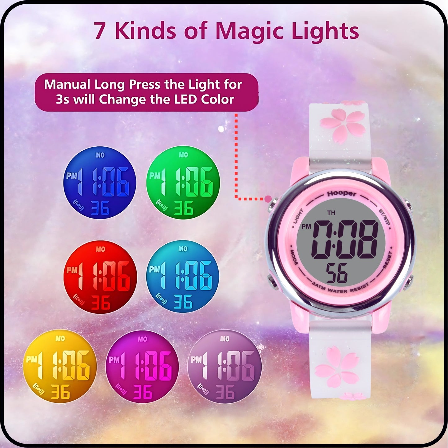 Hooper Premium Watches for Girls – 3D Cute LED 7 Colors Multifunction Digital Waterproof Watch for Kids 5-10 Years, Unbreakable Silicone Strap (CHERRY )