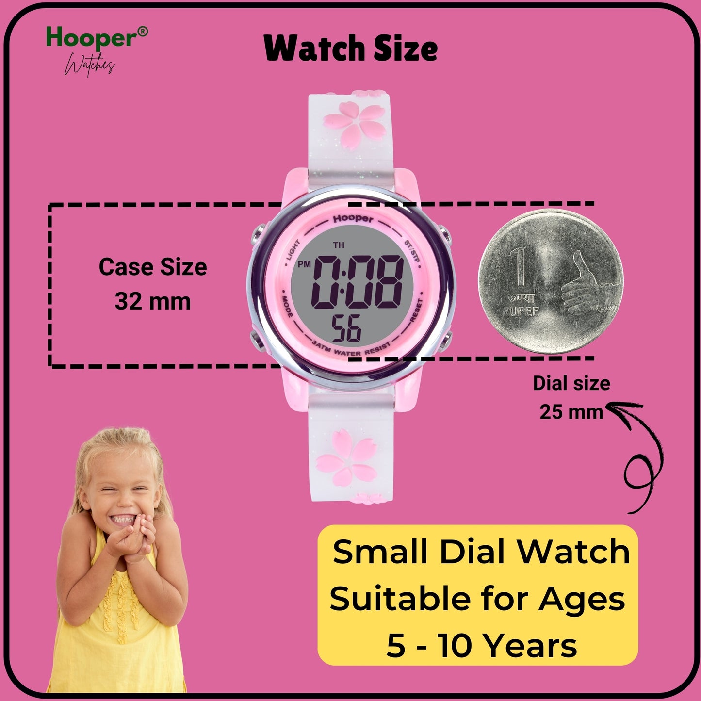 Hooper Premium Watches for Girls – 3D Cute LED 7 Colors Multifunction Digital Waterproof Watch for Kids 5-10 Years, Unbreakable Silicone Strap (CHERRY )