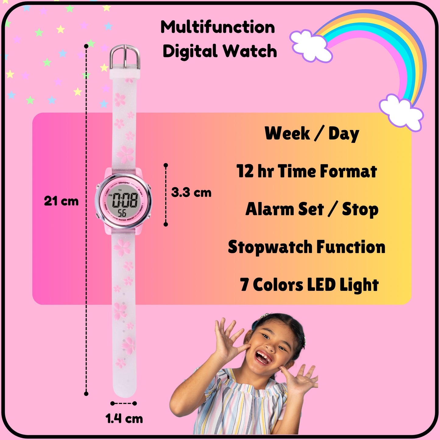 Hooper Premium Watches for Girls – 3D Cute LED 7 Colors Multifunction Digital Waterproof Watch for Kids 5-10 Years, Unbreakable Silicone Strap (CHERRY )