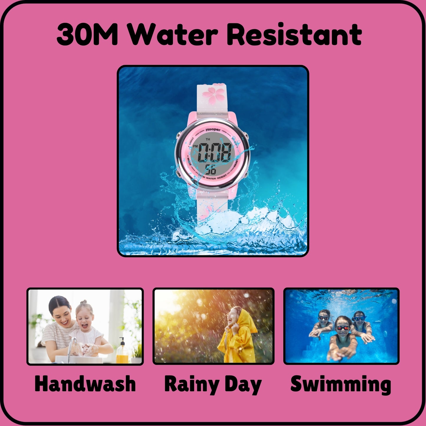 Hooper Premium Watches for Girls – 3D Cute LED 7 Colors Multifunction Digital Waterproof Watch for Kids 5-10 Years, Unbreakable Silicone Strap (CHERRY )