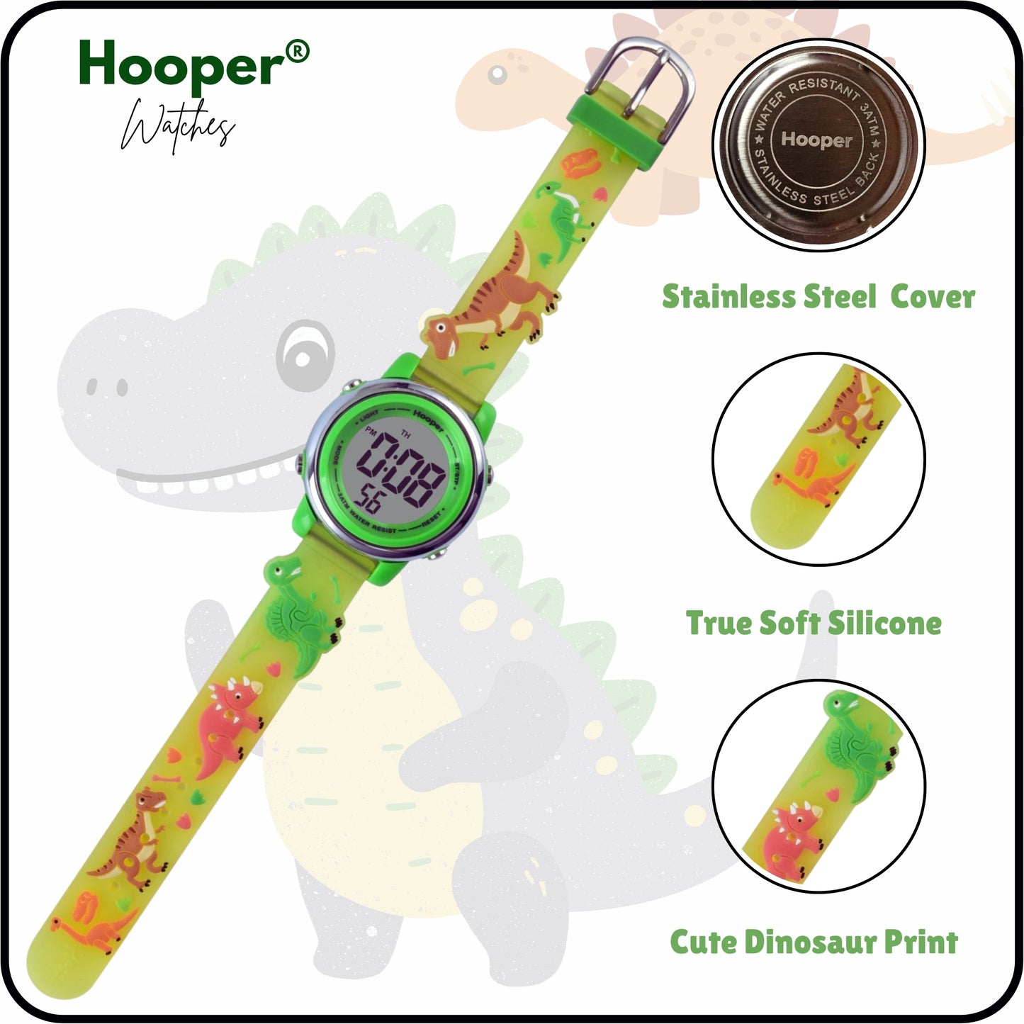 Hooper Premium Watches for Boys – 3D Cute LED 7 Colors Multifunction Digital Waterproof Watch for Kids 5-10 Years, Unbreakable Silicone Strap ( DINOSAURS )