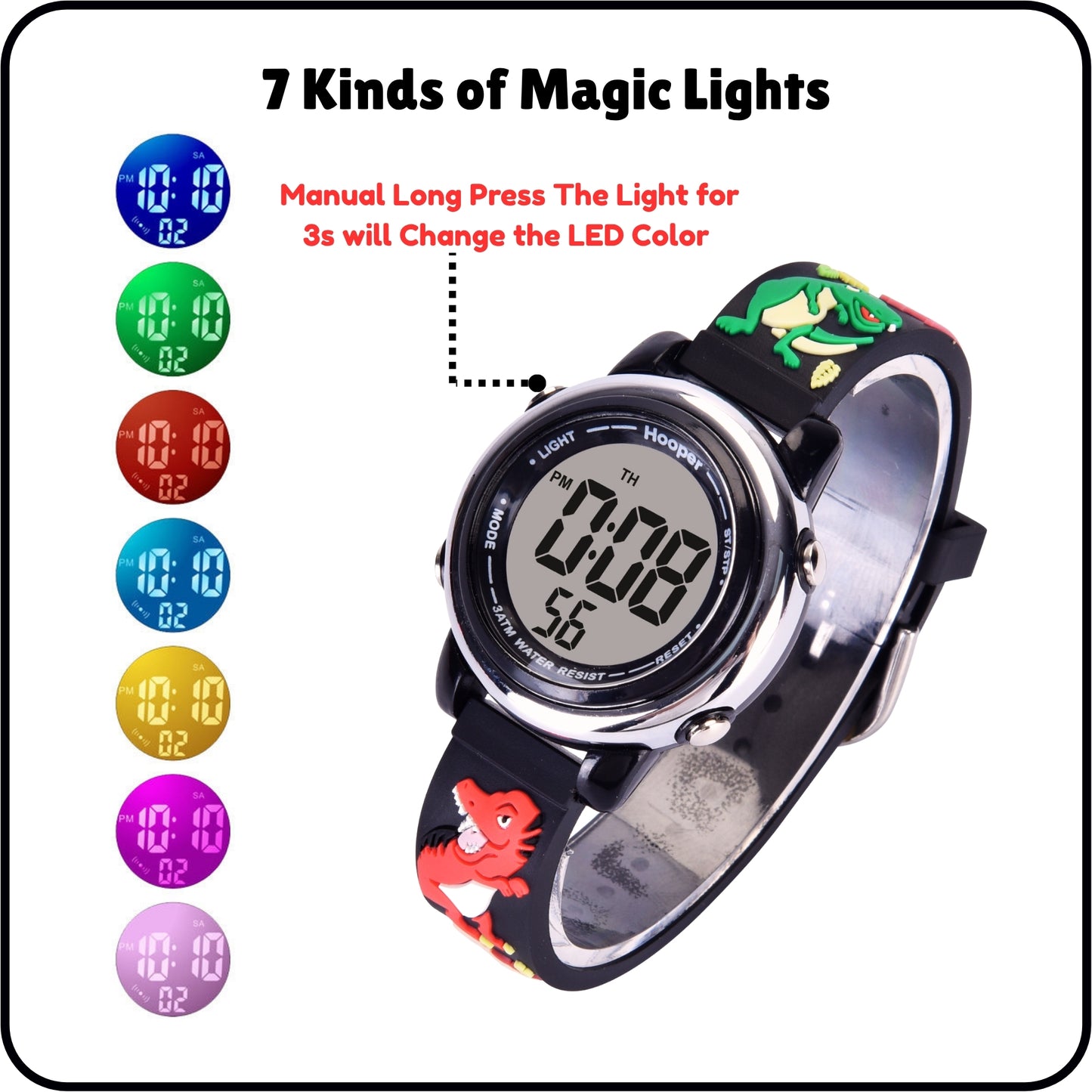Hooper Premium Watches for Boys – 3D Cute LED 7 Colors Multifunction Digital Waterproof Watch for Kids 5-10 Years, Unbreakable Silicone Strap ( DINOSAURS )