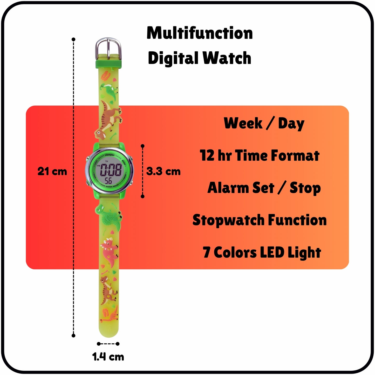 Hooper Premium Watches for Boys – 3D Cute LED 7 Colors Multifunction Digital Waterproof Watch for Kids 5-10 Years, Unbreakable Silicone Strap ( DINOSAURS )