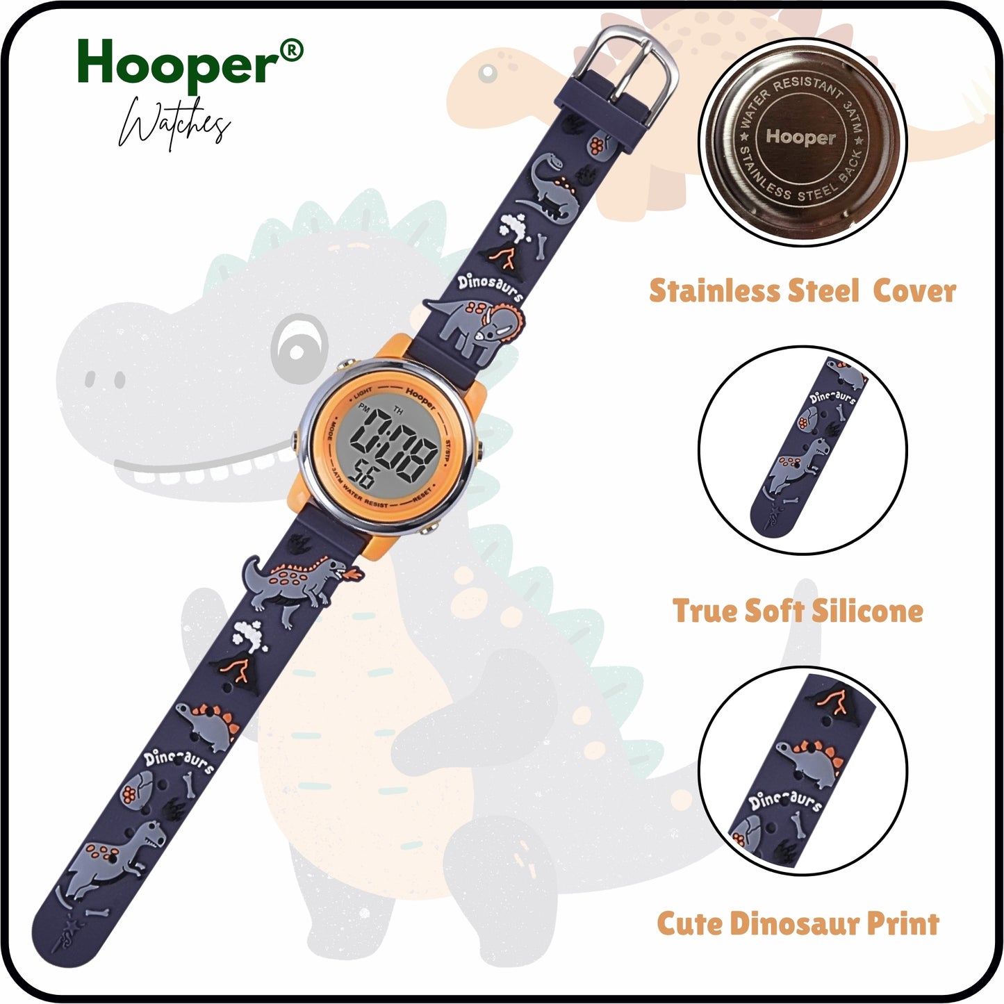 Hooper Premium Watches for Boys – 3D Cute LED 7 Colors Multifunction Digital Waterproof Watch for Kids 5-10 Years, Unbreakable Silicone Strap ( DINOSAURS )