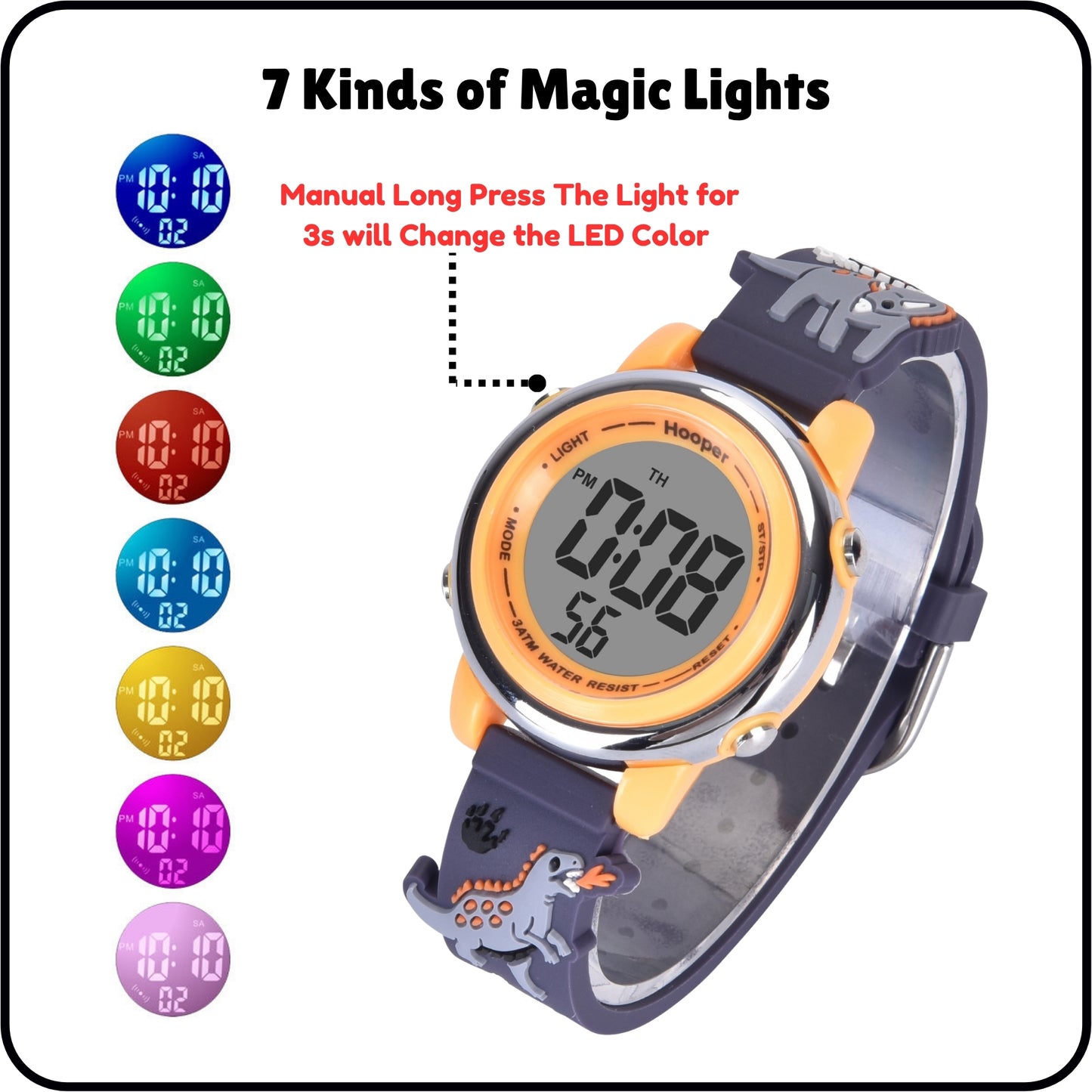 Hooper Premium Watches for Boys – 3D Cute LED 7 Colors Multifunction Digital Waterproof Watch for Kids 5-10 Years, Unbreakable Silicone Strap ( DINOSAURS )