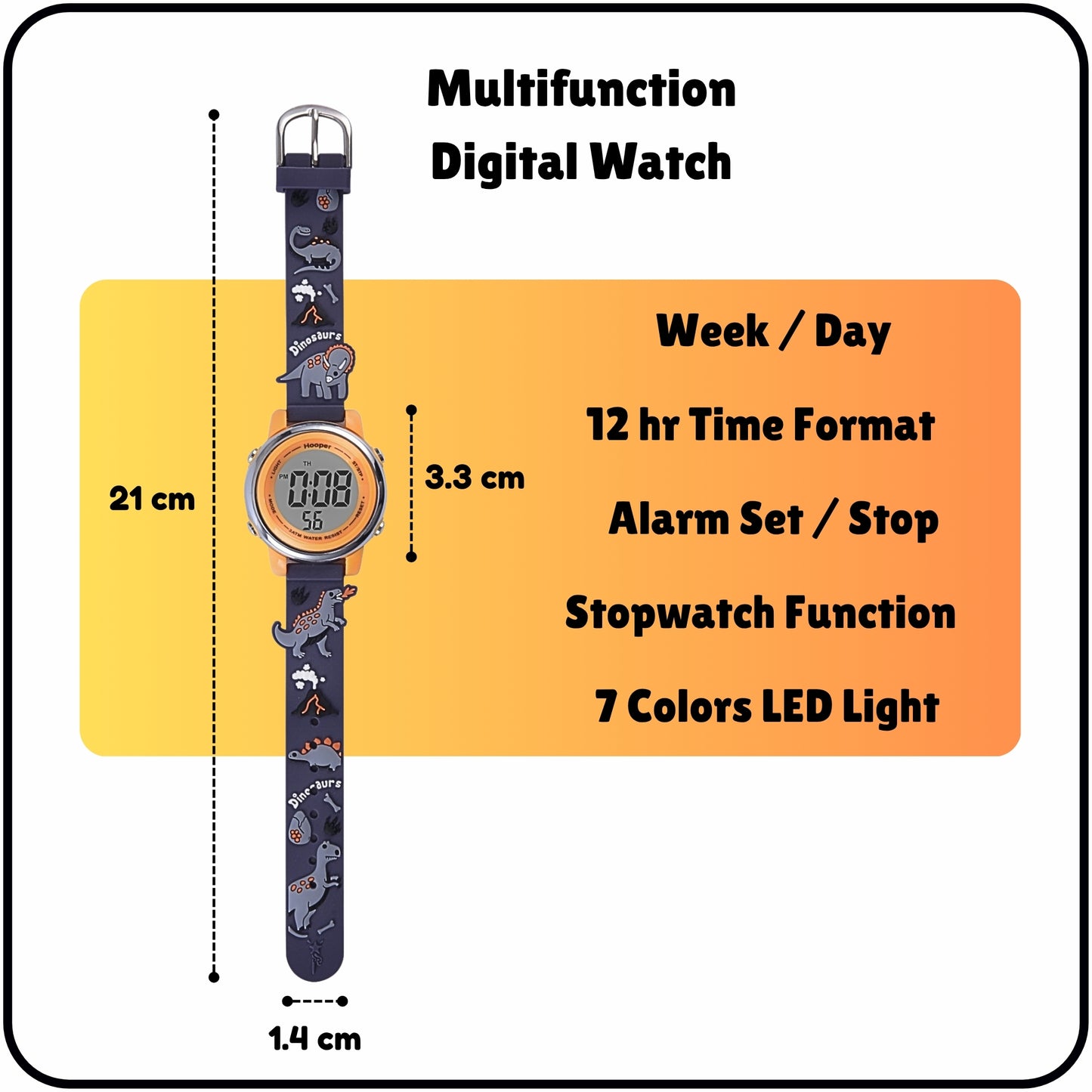 Hooper Premium Watches for Boys – 3D Cute LED 7 Colors Multifunction Digital Waterproof Watch for Kids 5-10 Years, Unbreakable Silicone Strap ( DINOSAURS )