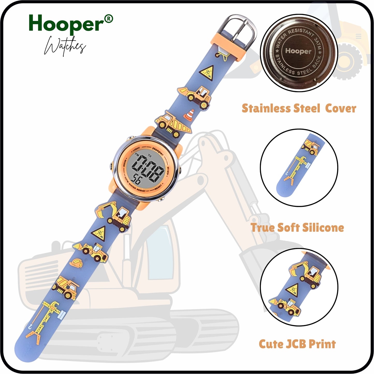 Hooper Premium Watches for Boys – 3D Cute LED 7 Colors Multifunction Digital Waterproof Watch for Kids 5-10 Years, Unbreakable Silicone Strap ( JCB EXCAVATOR )