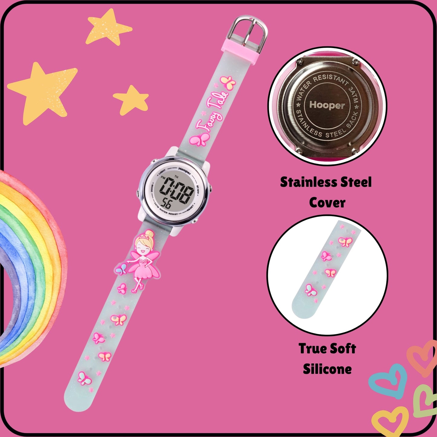 Hooper Premium Watches for Girls – 3D Cute LED 7 Colors Multifunction Digital Waterproof Watch for Kids 5-10 Years, Unbreakable Silicone Strap ( Fairy )