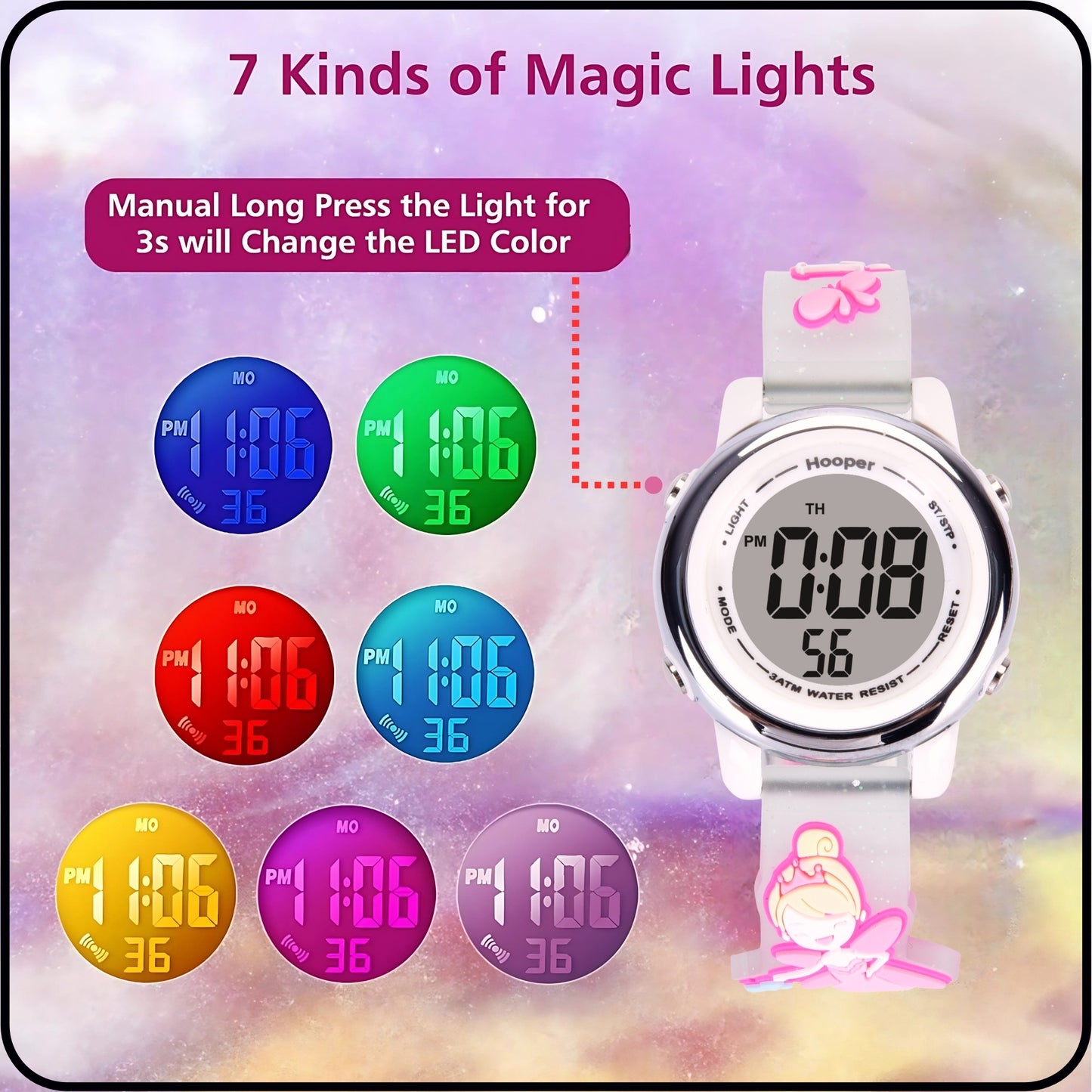 Hooper Premium Watches for Girls – 3D Cute LED 7 Colors Multifunction Digital Waterproof Watch for Kids 5-10 Years, Unbreakable Silicone Strap ( Fairy )
