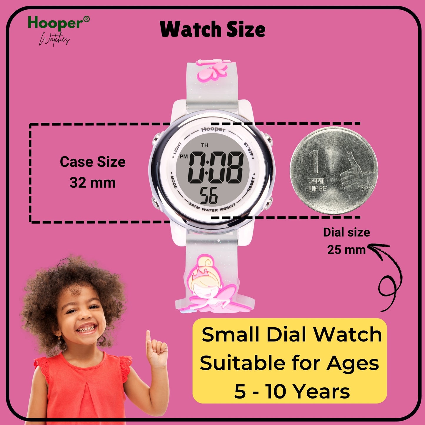 Hooper Premium Watches for Girls – 3D Cute LED 7 Colors Multifunction Digital Waterproof Watch for Kids 5-10 Years, Unbreakable Silicone Strap ( Fairy )