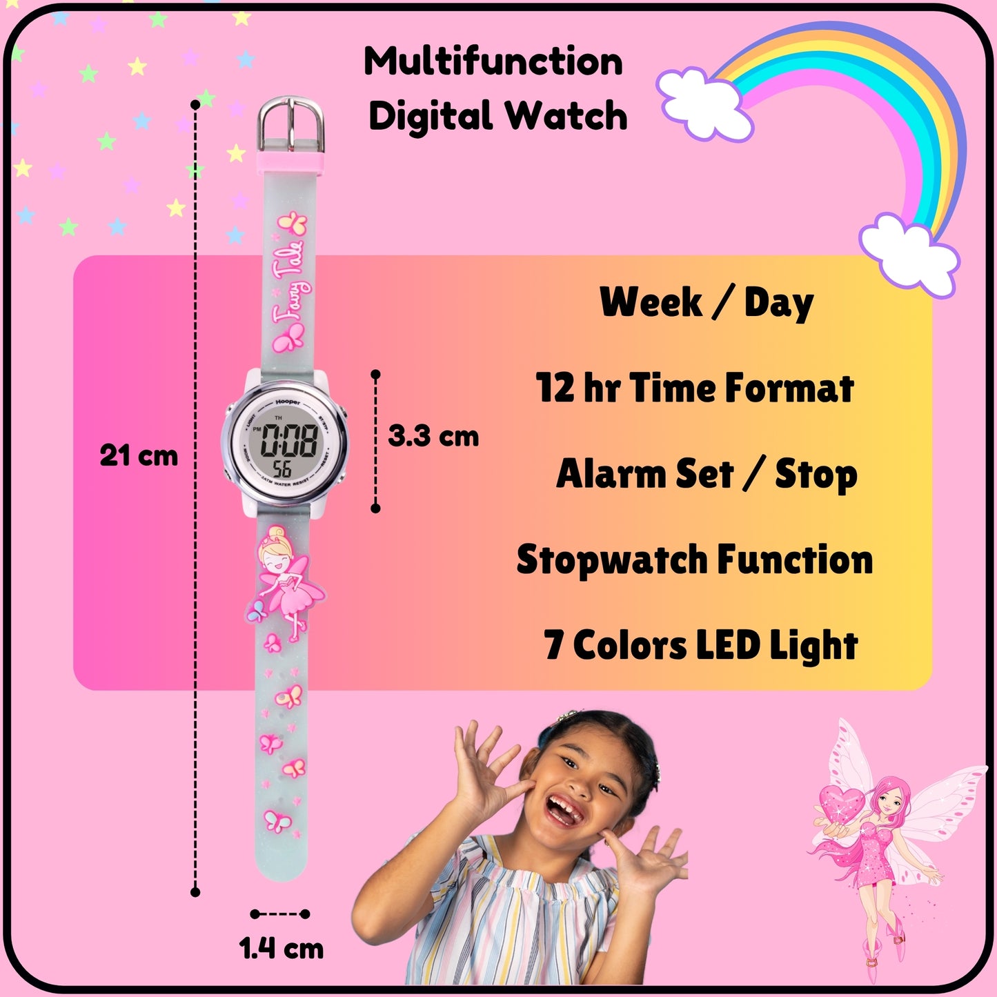 Hooper Premium Watches for Girls – 3D Cute LED 7 Colors Multifunction Digital Waterproof Watch for Kids 5-10 Years, Unbreakable Silicone Strap ( Fairy )