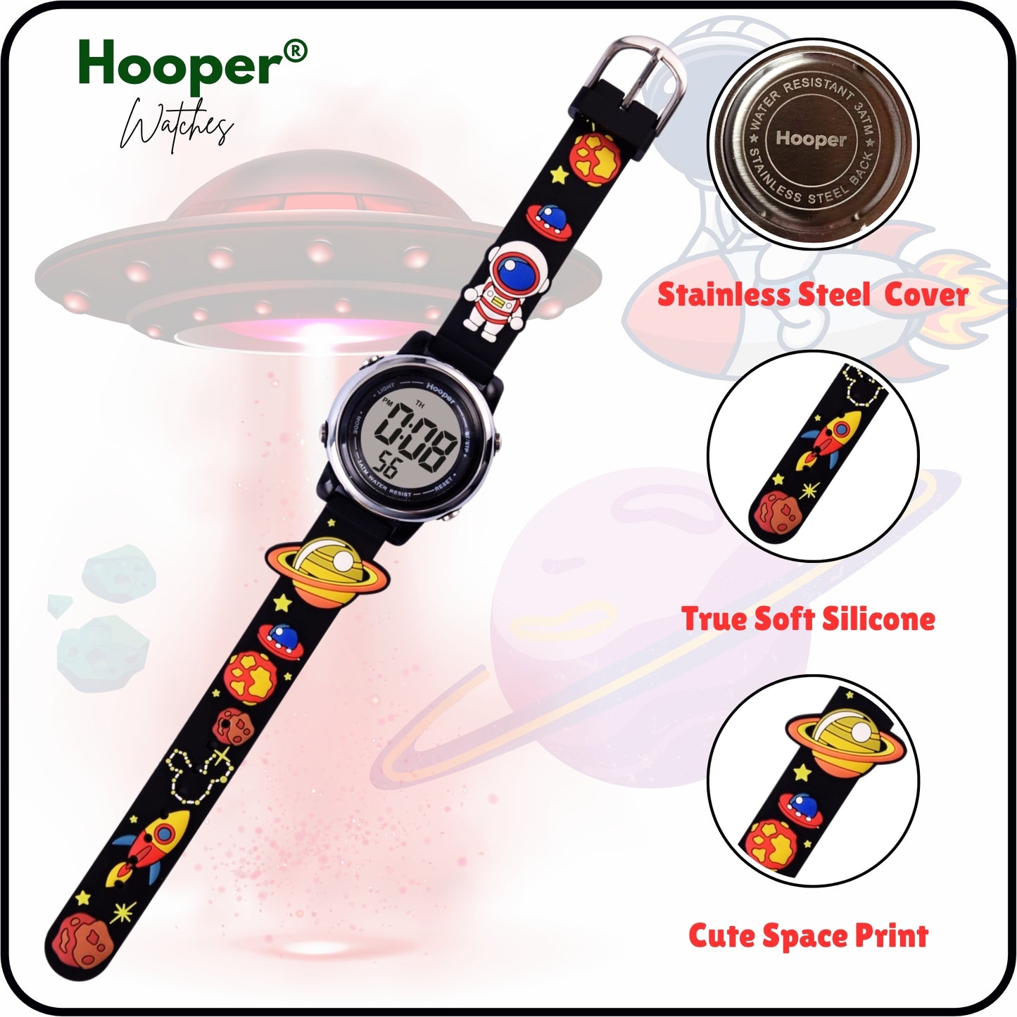 Hooper Premium Watches for Boys – 3D Cute LED 7 Colors Multifunction Digital Waterproof Watch for Kids 5-10 Years, Unbreakable Silicone Strap ( SPACE )