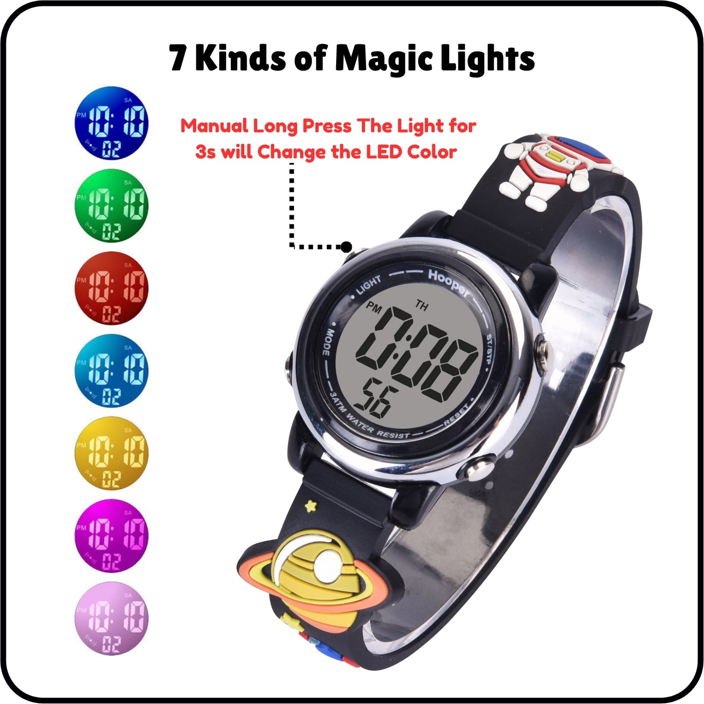 Hooper Premium Watches for Boys – 3D Cute LED 7 Colors Multifunction Digital Waterproof Watch for Kids 5-10 Years, Unbreakable Silicone Strap ( SPACE )