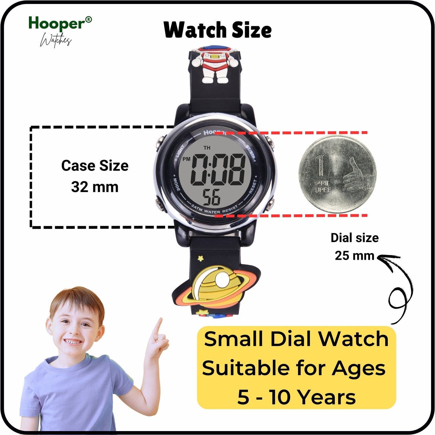 Hooper Premium Watches for Boys – 3D Cute LED 7 Colors Multifunction Digital Waterproof Watch for Kids 5-10 Years, Unbreakable Silicone Strap ( SPACE )
