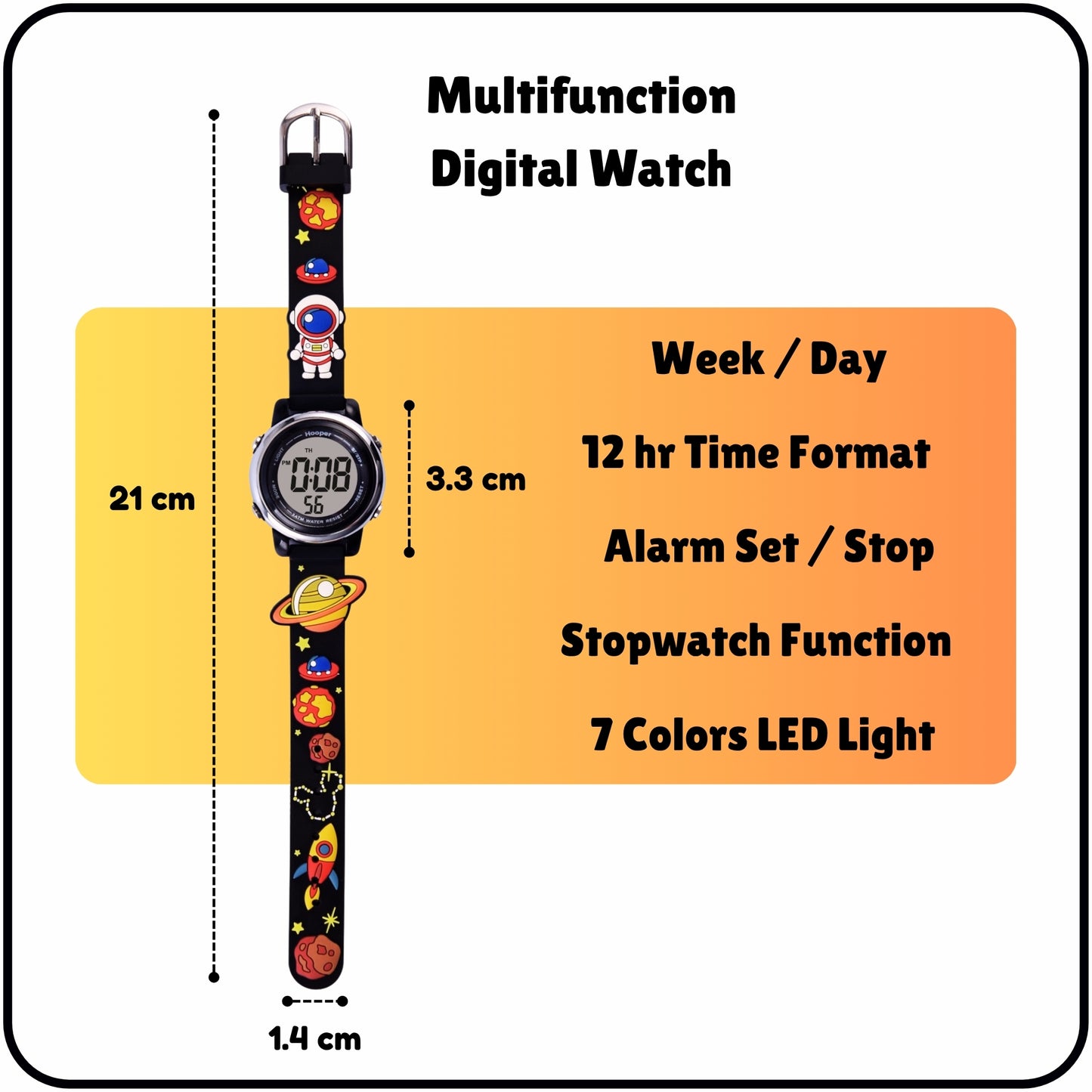 Hooper Premium Watches for Boys – 3D Cute LED 7 Colors Multifunction Digital Waterproof Watch for Kids 5-10 Years, Unbreakable Silicone Strap ( SPACE )