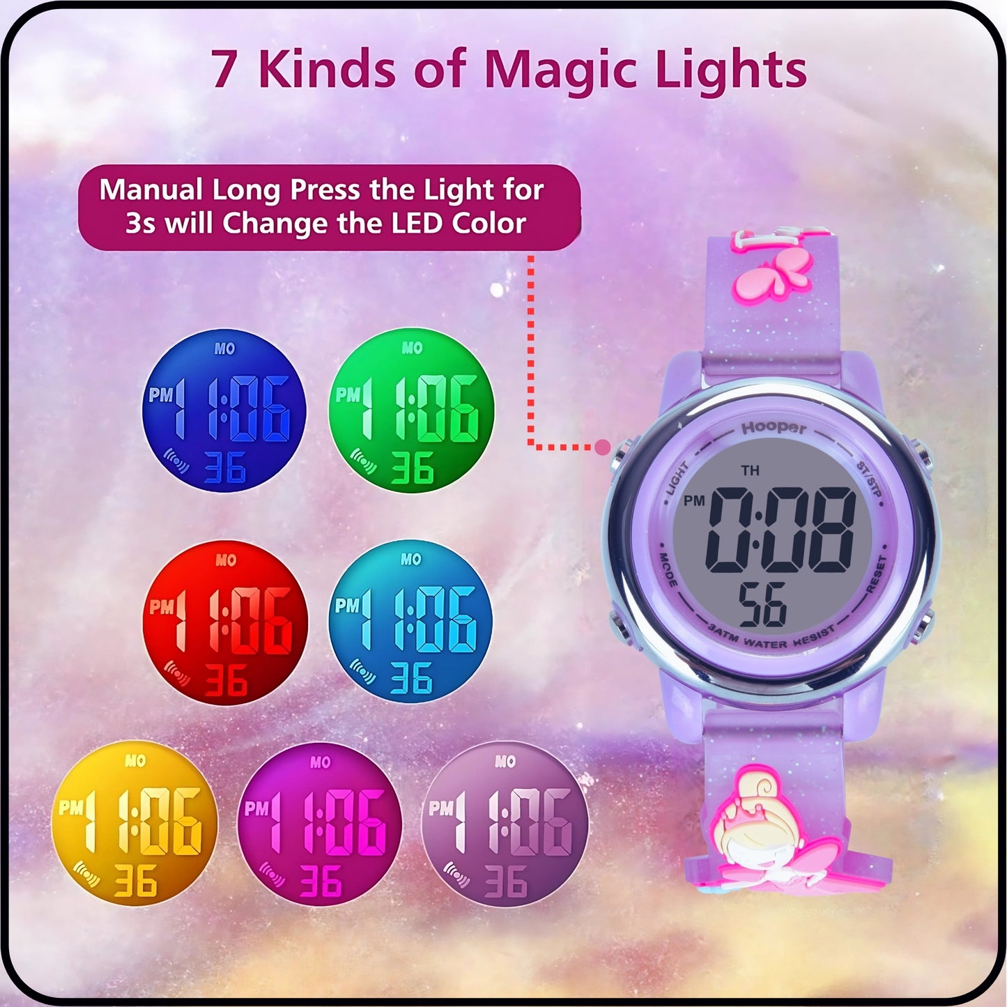 Hooper Premium Watches for Girls – 3D Cute LED 7 Colors Multifunction Digital Waterproof Watch for Kids 5-10 Years, Unbreakable Silicone Strap ( Fairy )