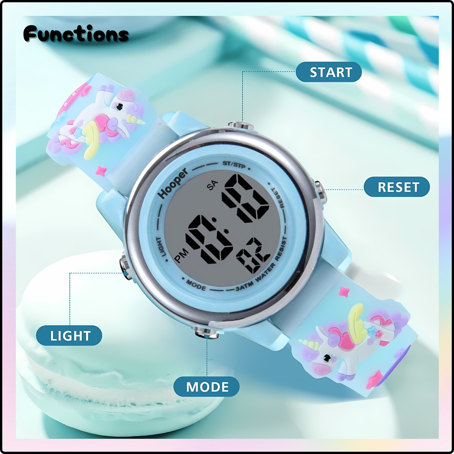 Hooper Unicorn Watches for Girls – 3D Cute LED 7 Colors Multifunction Digital Waterproof Watch for Kids 5-10 Years, Unbreakable Silicone Strap