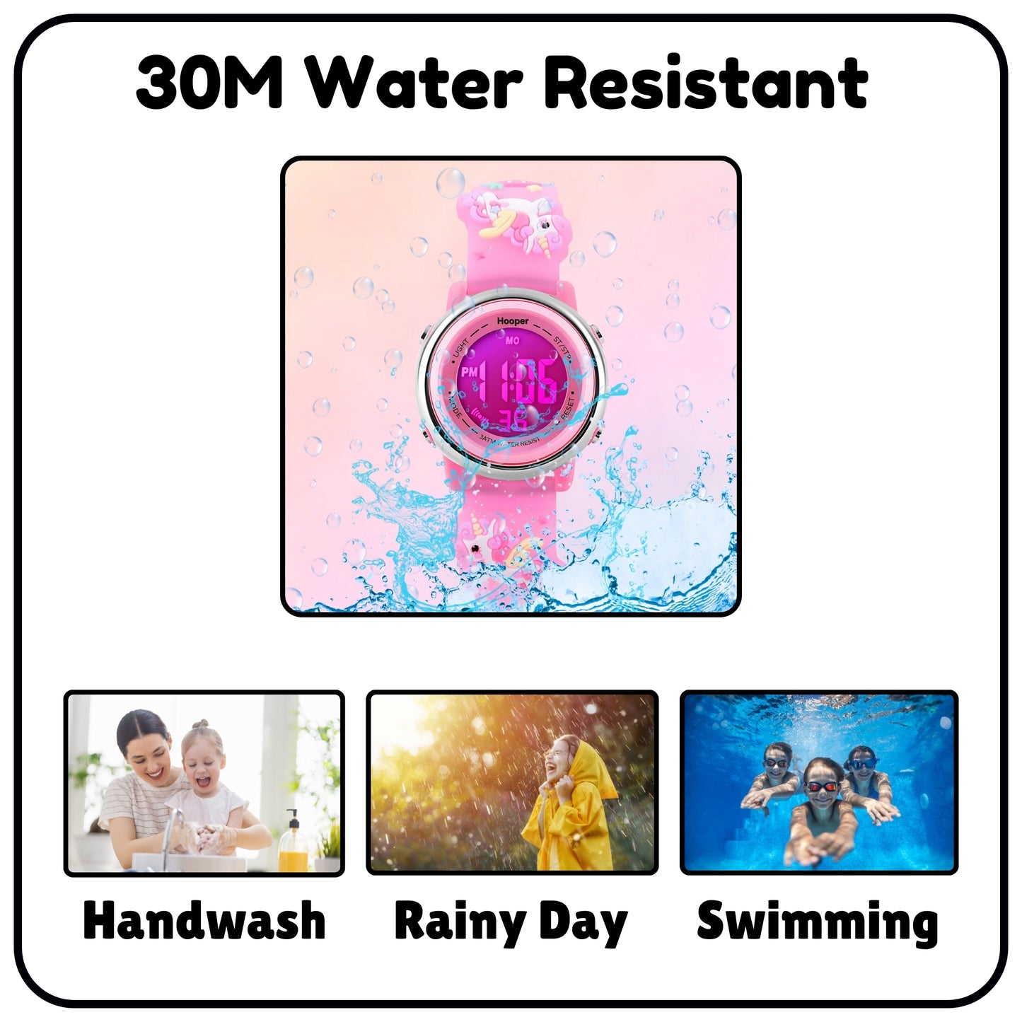 Hooper Unicorn Watches for Girls – 3D Cute LED 7 Colors Multifunction Digital Waterproof Watch for Kids 5-10 Years, Unbreakable Silicone Strap