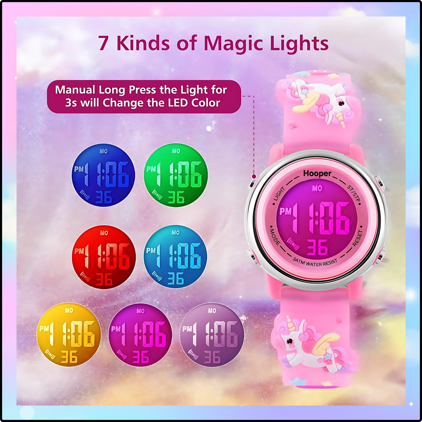 Hooper Unicorn Watches for Girls – 3D Cute LED 7 Colors Multifunction Digital Waterproof Watch for Kids 5-10 Years, Unbreakable Silicone Strap